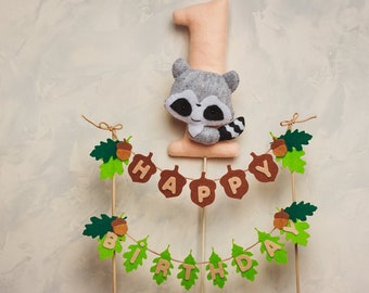 Woodland Cake topper for kids birthday party decor Personalized Felt bunting banner Number animal cake party supplies First birthday topper