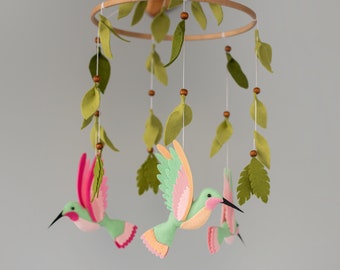 Hummingbird baby mobile Tropical nursery decor Felt Crib mobile Baby shower gift for newborn Hanging mobile for adults Leaf mobile for crib