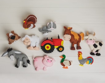 Farm animals nursery decor Christmas gift Felt toys Plush Rooster Pig Donkey Duck Birthday toddler gift Kids Magnets Play Set Felt farm set