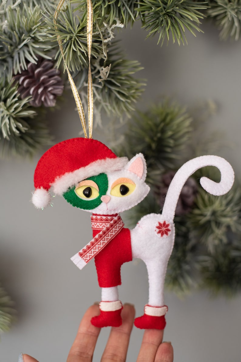 Felt cat ornament Christmas ornaments White cat ornament plush gift Pet lovers gift Stocking stuffer gift Housewarming gift image 8