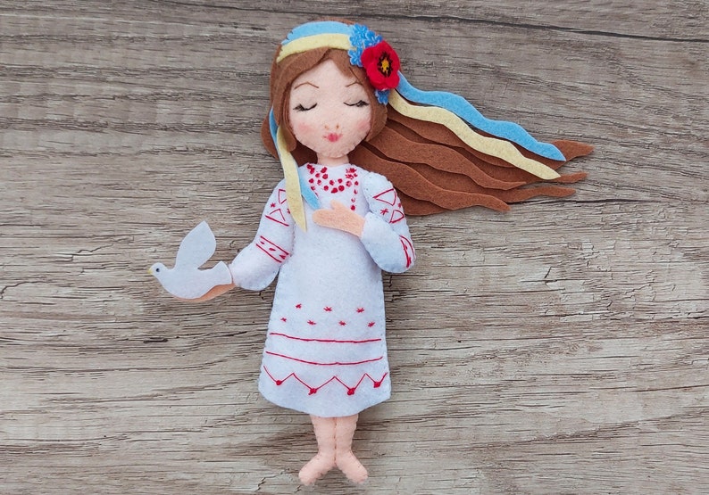 Ukraine sellers Woman of Ukraine Felt doll ornament Ukrainian girl gift Christmas ornament Ukrainian seller Felt Ukranian and white dove image 7