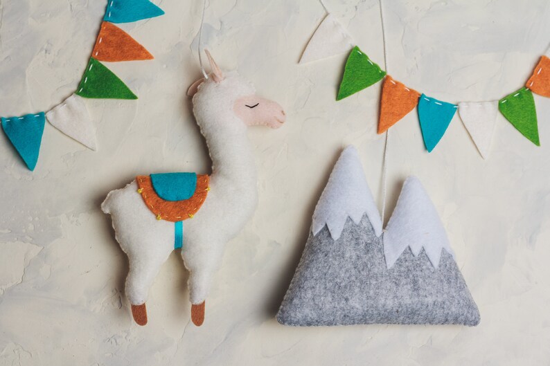 Llama ornament Christmas felt animal ornaments Stuffed Alpaca Mountains decoration Cactus Cacti tree decor Baby nursery decor Hanging toys image 1