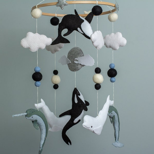 Crib mobile with orca whale, narwhals and belugas for nursery Monochrome mobile Baby Shower gift Baby mobile neutral