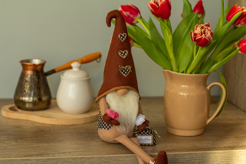 Coffee gnome Spring gnomes decor Funny coffee lover gift Coffee bar decor Personalized gnomes Brown gnome with legs Ukraine sellers image 5