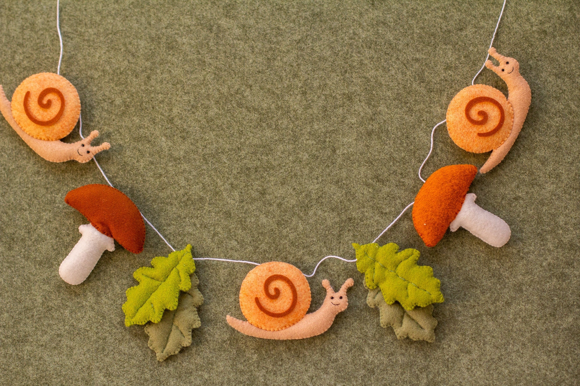 Mushroom garland Wall hanging decor Woodland Forest Felt mushroom banner Kids room nursery decor garland for mantle Snail and leaves garland