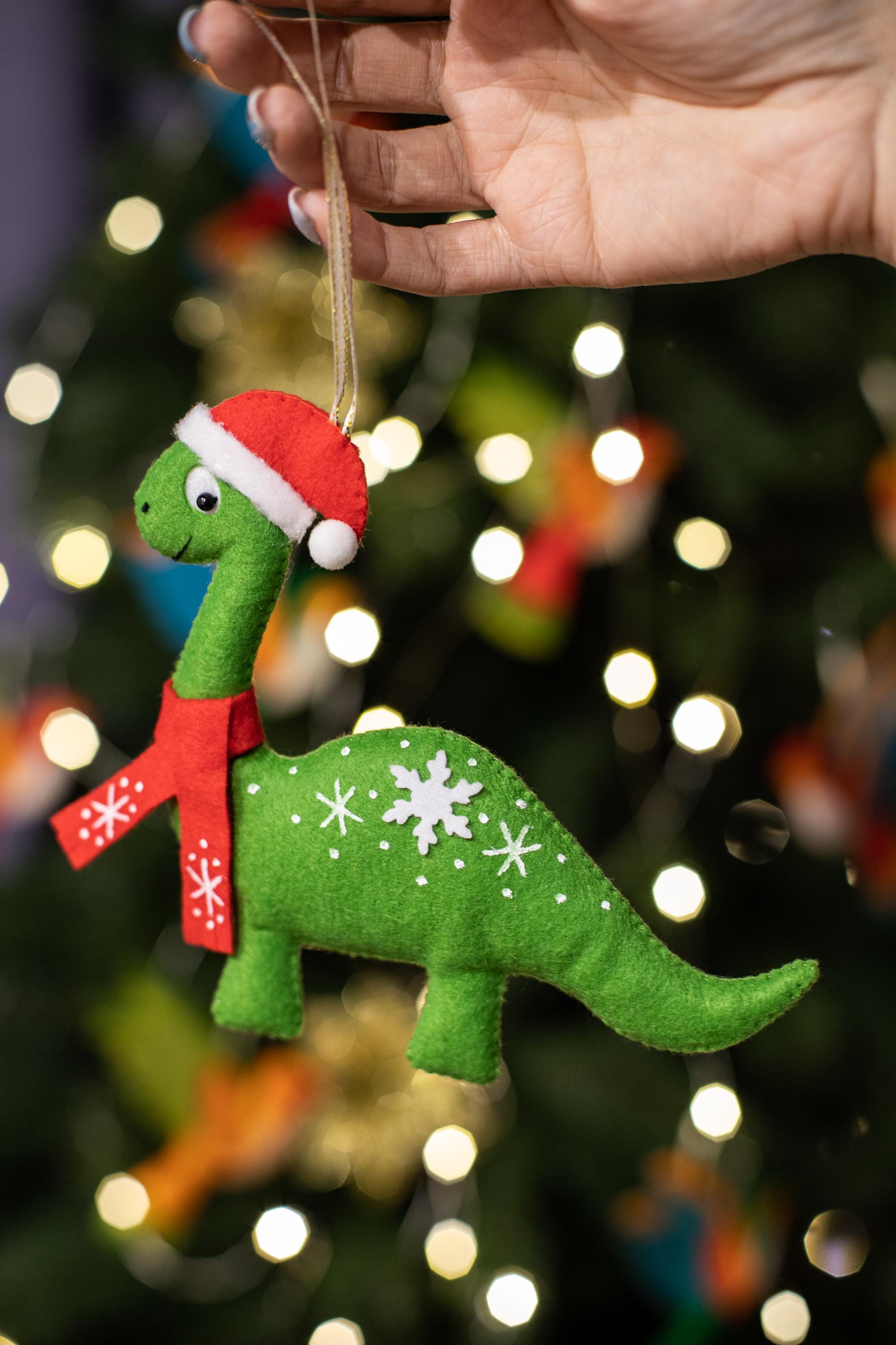 Dinosaur ornament Christmas ornaments Green brontosaurus in Santa hat Felt dino ornament Hanging ornament for Christmas tree