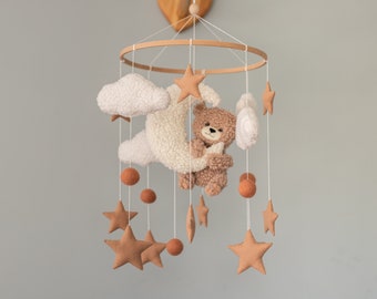 Boucle baby mobile Bear mobile with moon, stars and clouds Baby Neutral mobile Nursery decor Baby Shower Gift for newborn Crib mobile