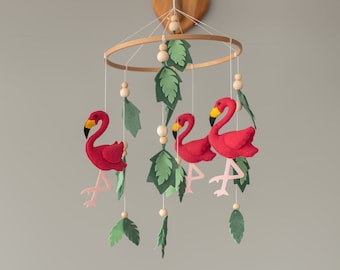 Flamingos baby mobile Tropical nursery decor Flamingo Crib mobile Baby shower gift for newborn Hanging felt Green leaves mobile for crib