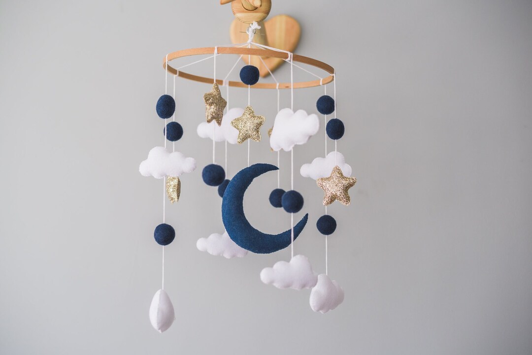 Moon and Star Mobile for Crib Baby Navy Blue and Gold Moon Mobile Felt Stars Neutral Nursery