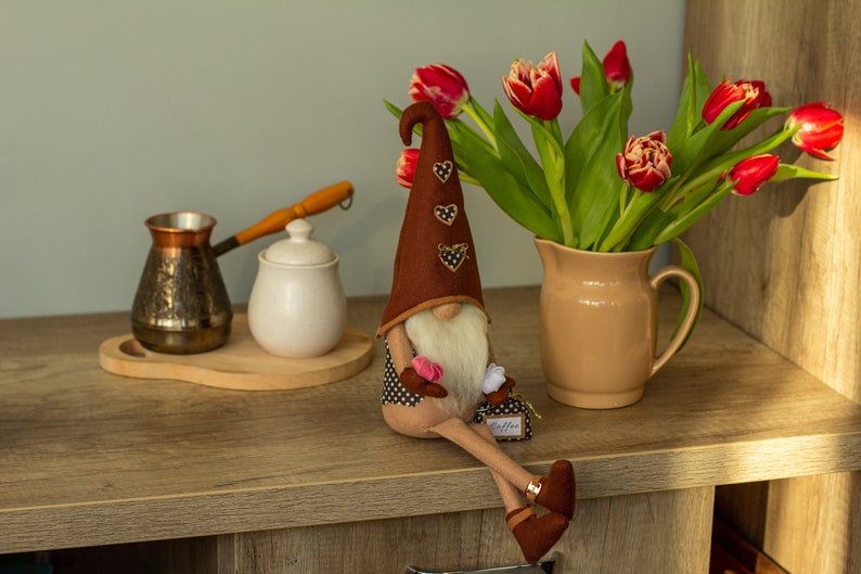 Coffee gnome Spring gnomes decor Funny coffee lover gift Coffee bar decor Personalized gnomes Brown gnome with legs Ukraine sellers image 10