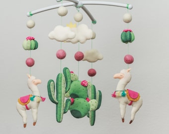 Llama mobile Tribal baby nursery decor First baby shower gift for newborns Hanging felt animals Cacti Cactus Mountain Pink Green cot mobile