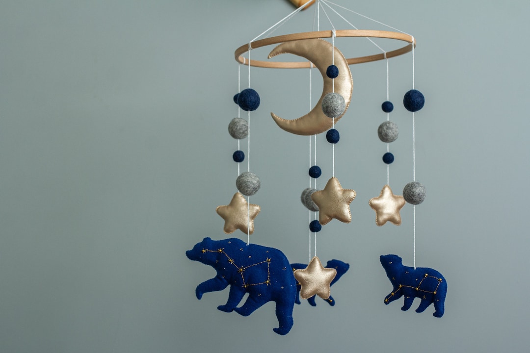 Moon and Star Mobile With Celestial Bears Baby Neutral Mobile Nursery Decor Baby Shower Gift
