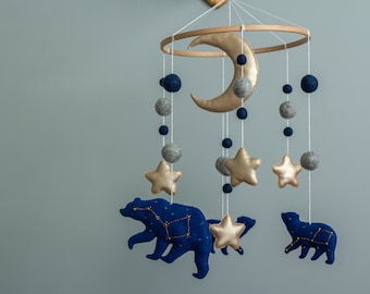 Moon and star mobile with celestial bears Baby Neutral mobile Nursery decor Baby Shower Gift Minimalist woodland baby mobile felt