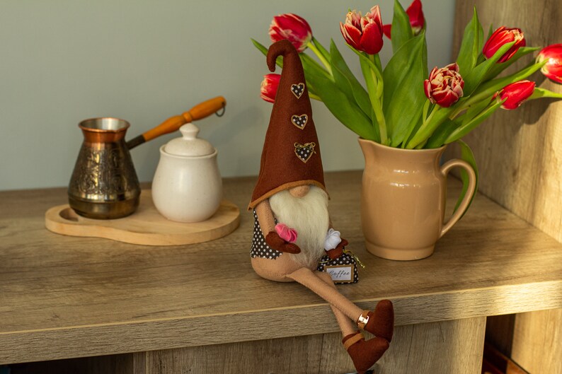 Coffee gnome Spring gnomes decor Funny coffee lover gift Coffee bar decor Personalized gnomes Brown gnome with legs Ukraine sellers image 4