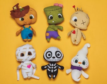 Felt Halloween Ornaments: Pumpkin man, Ghost, Skeleton ornament Monster Dolls, Party Favors