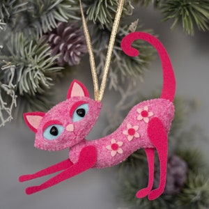 Cat ornament Custom cat ornament Personalized Pet Ornaments Felt cat plush gift Pet from photo Stocking stuffer gift Christmas ornaments stretching - pink
