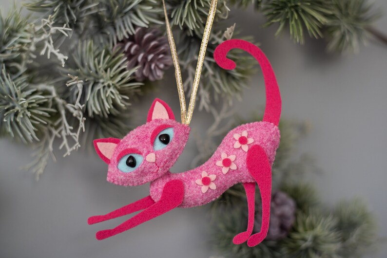 Cat ornament Custom cat ornament Personalized Pet Ornaments Felt cat plush gift Pet from photo Stocking stuffer gift Christmas ornaments stretching - pink