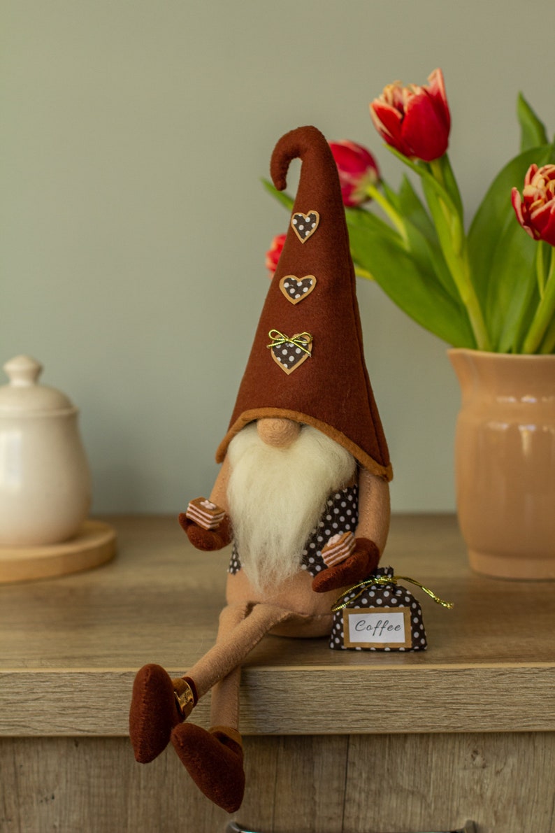 Coffee gnome Spring gnomes decor Funny coffee lover gift Coffee bar decor Personalized gnomes Brown gnome with legs Ukraine sellers image 2