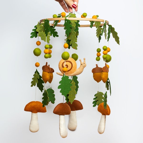 Mushroom mobile for crib Woodland snail baby nursery mobile Baby shower gift for newborn Hanging felt minimalistic Green leaves cot mobile