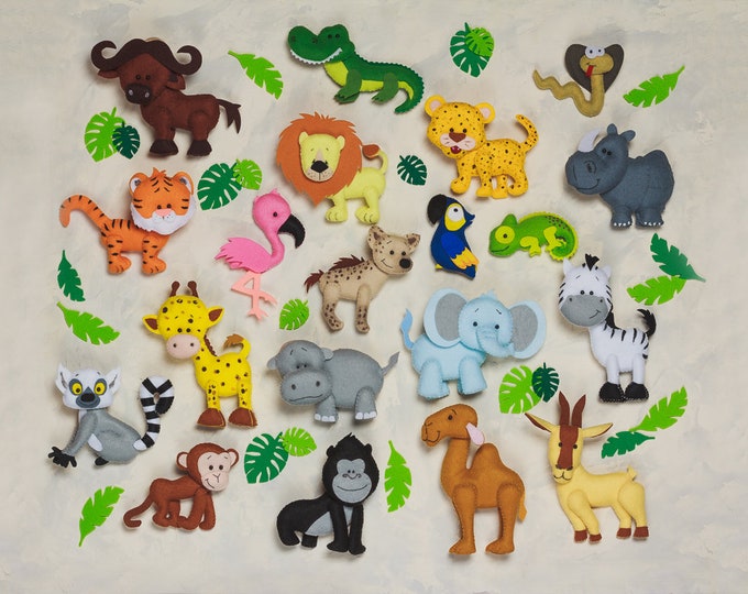 Stuffed animals African Felt animals ornaments set Zebra Lion Camel nursery decor Safari Kids magnets First birthday gift Baby Play set