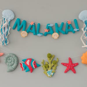 Felt name banner for nursery Ocean Baby name sign Custom baby gift for kids room Felt garland with letters and jellyfish for crib