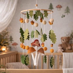Woodland Baby Mobile: Felt Mushroom, Leaf & Acorn Crib Decor
