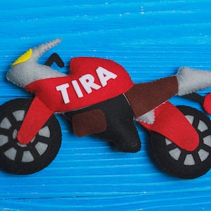 Felt motorbike Personalized Christmas ornament Transportation toy motorcycle Stuffed felt Vehicles magnet gift for man