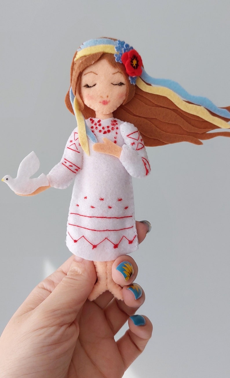 Ukraine sellers Woman of Ukraine Felt doll ornament Ukrainian girl gift Christmas ornament Ukrainian seller Felt Ukranian and white dove image 4