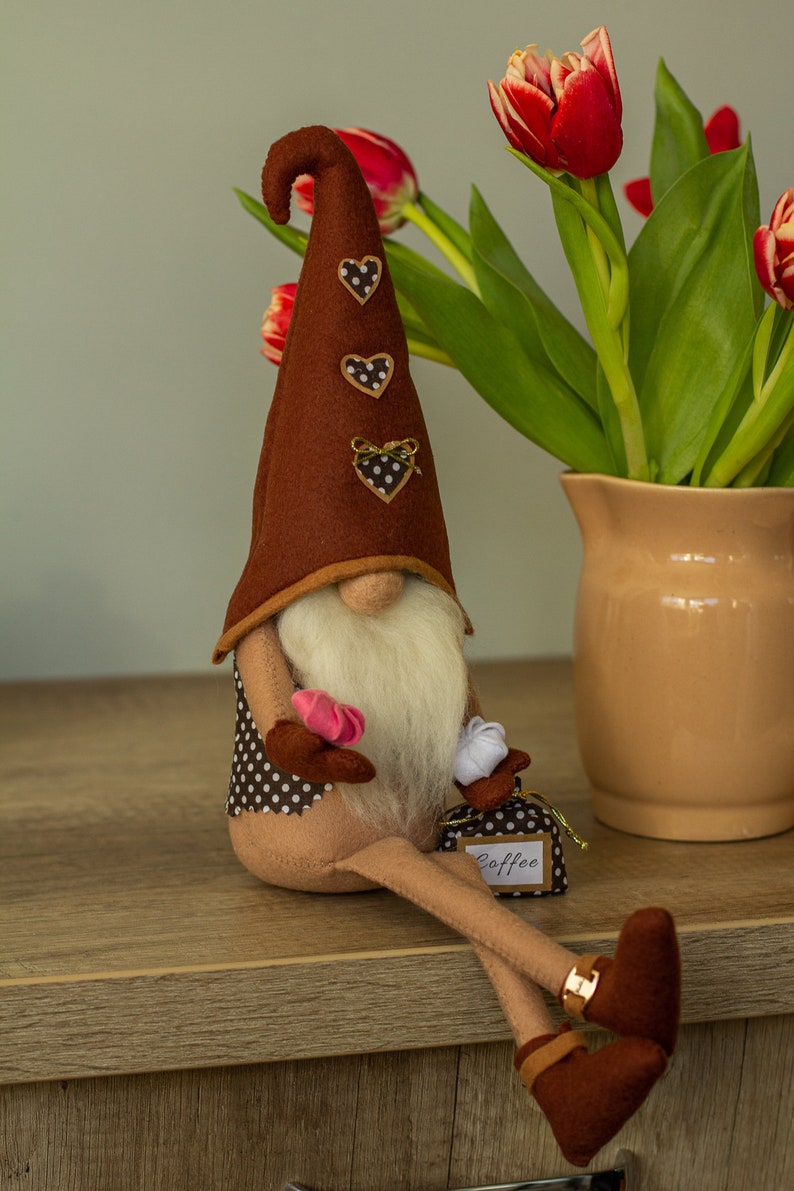 Coffee gnome Spring gnomes decor Funny coffee lover gift Coffee bar decor Personalized gnomes Brown gnome with legs Ukraine sellers image 3