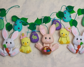 Easter garland Baby bunny felt garland Pastel rabbit banner Spring Kids Easter nursery decor Felt ornaments bunny garland for mantle