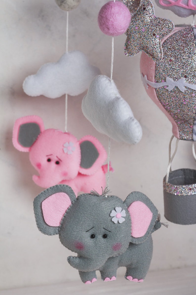 Pink elephant mobile for girl Grey baby elephant nursery decor Etsy