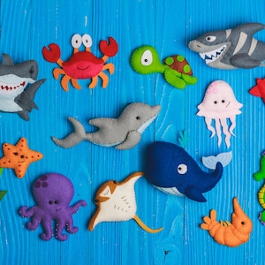 Felt sea creatures Kids felt toys Felt ocean creatures set Christmas ornaments Magnets for toddlers Stuffed animals Shark whale octopus crab