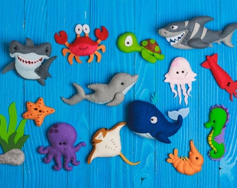 Felt sea creatures Kids felt toys Felt ocean creatures set Christmas ornaments Magnets for toddlers Stuffed animals Shark whale octopus crab