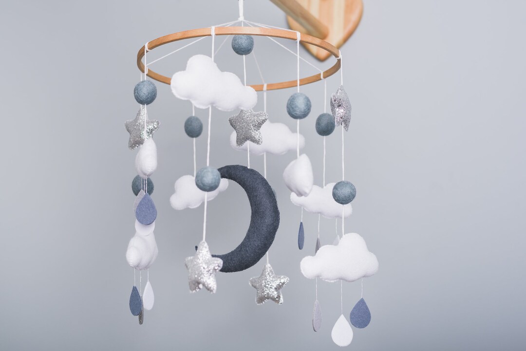 Moon and Star Mobile for Crib Monochrome Mobile Gray and Silver Moon Mobile Stars Nursery Decor