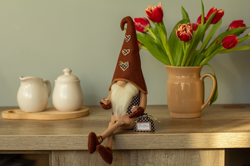 Coffee gnome Spring gnomes decor Funny coffee lover gift Coffee bar decor Personalized gnomes Brown gnome with legs Ukraine sellers image 1