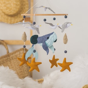 Whale mobile for baby crib Nautical nursery decor Baby shower gift Ocean mobile Felt mobile Seagull Hanging mobile