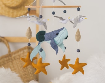 Whale mobile for baby crib Nautical nursery decor Baby shower gift Ocean mobile Felt mobile Seagull Hanging mobile