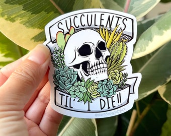 Succulente e teschio - Succulente finché non muoio - Adesivo in vinile da 3" - Adesivo teschio - Adesivo succulente - Adesivo in vinile per laptop o bottiglia d'acqua