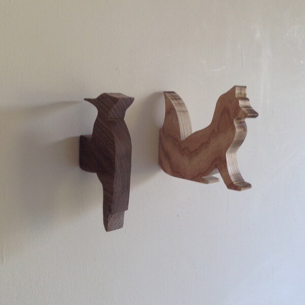 Handcrafted  Organic Walnut Mahogany Maple Beech Ash Fox Woodpecker Wall Hook-Kid Wall Hanging-Kids Coat hooks