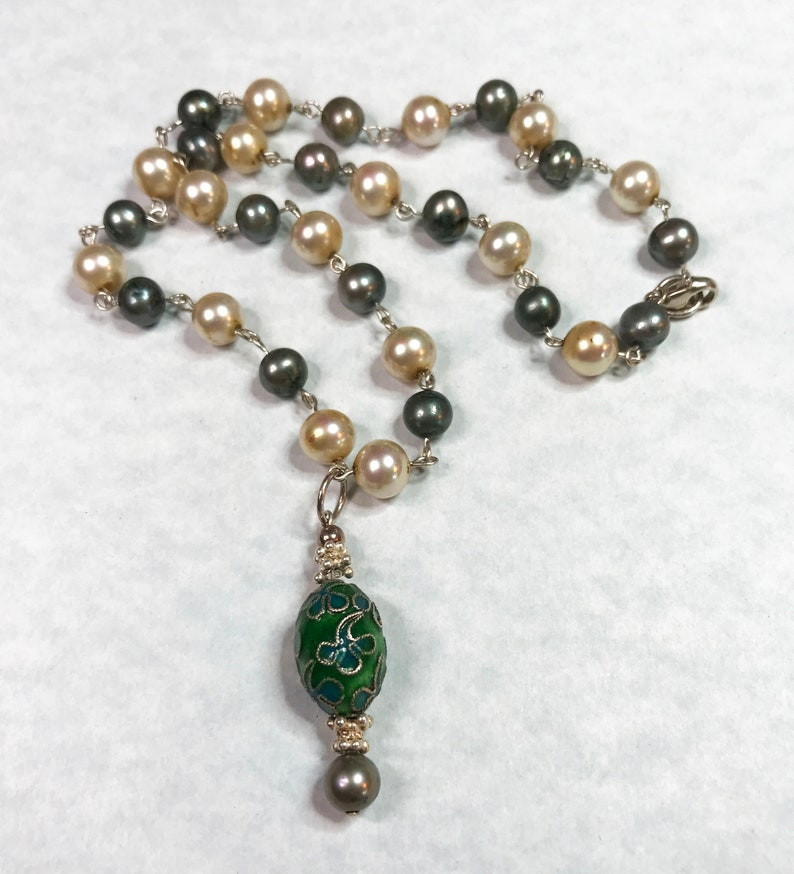 MOSS GREEN FRESHWATER Pearl Necklace Freshwater Pearl Holiday gift for Women Cloisonne Cloisonne Amulet Sterling Silver Glass Pearl