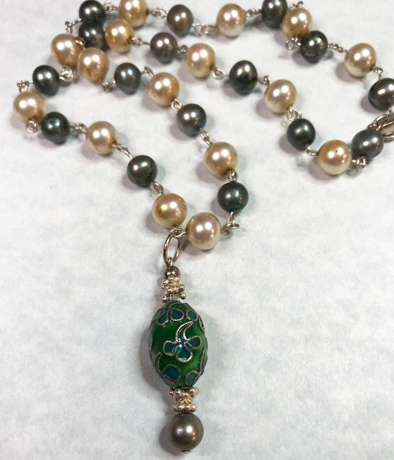 MOSS GREEN FRESHWATER Pearl Necklace Freshwater Pearl Holiday gift for Women Cloisonne Cloisonne Amulet Sterling Silver Glass Pearl