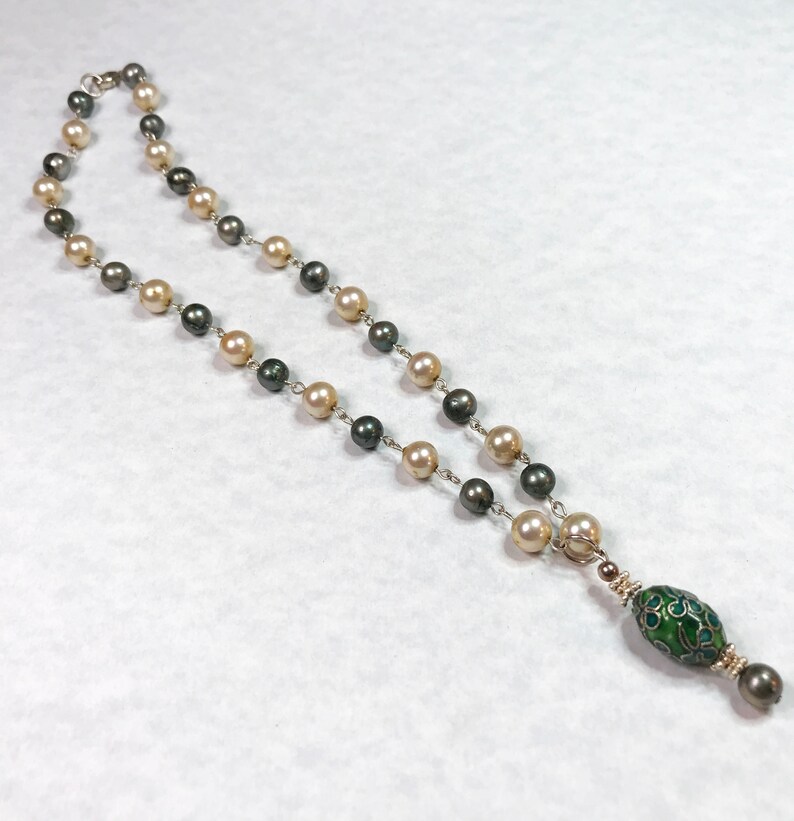 MOSS GREEN FRESHWATER Pearl Necklace Freshwater Pearl Holiday gift for Women Cloisonne Cloisonne Amulet Sterling Silver Glass Pearl