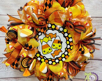 Candy Corn Halloween Wreath, Deco Mesh, Front Door Decor