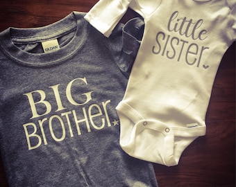 Sibling shirts | big brother/big sister with little brother/little sister set.  Gray and white shirts/bodysuits.  Brother/sister set