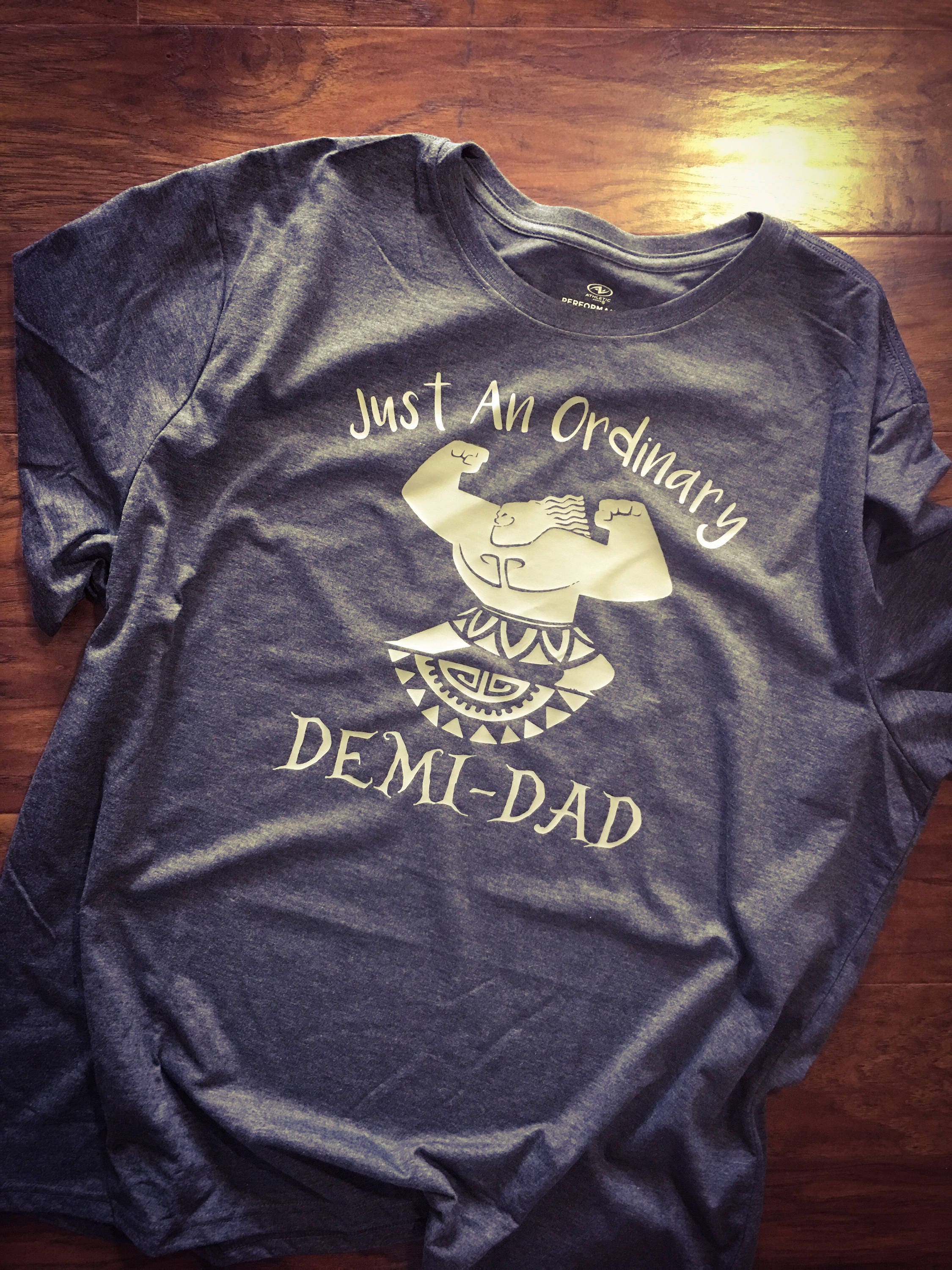 Dad shirt, "Just an Ordinary Demi-Dad" dark gray soft semi-…