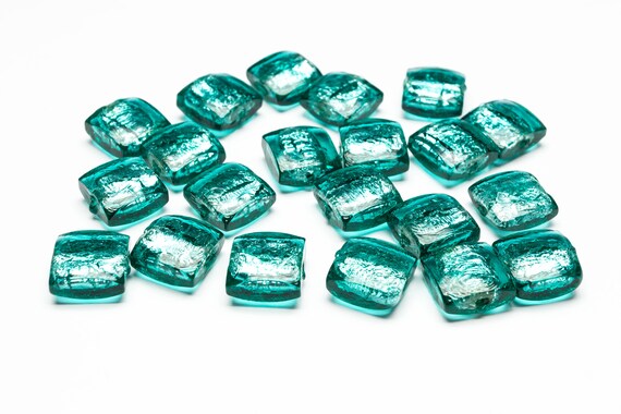 Authentic Murano Glass Loose Beads 20 pcs 12mm Square Flat - Silver Foil Beads Handmade in Venice - Italian Jewelry - Lampwork Beads