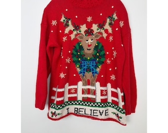 Vintage 90s Reindeer Christmas Sweater L Holiday Teacher Mock Neck