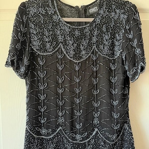 Vintage 80s / 90s Adrianna Papell Boutique Black Beaded Silk Evening Top Medium image 1