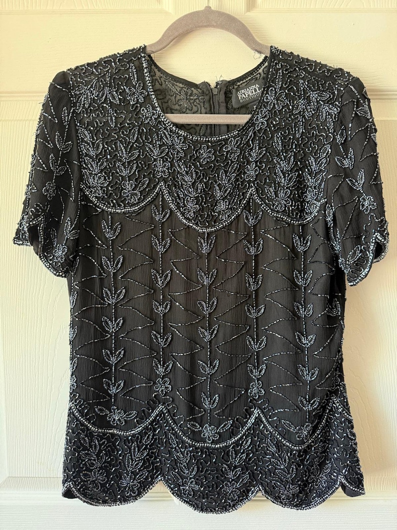 Vintage 80s / 90s Adrianna Papell Boutique Black Beaded Silk Evening Top Medium image 1