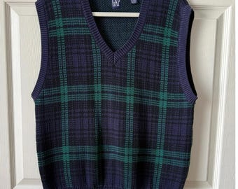 Vintage GAP Blue Green Plaid Sweater Vest 90s Cotton Blend Mens Sz Large Preppy